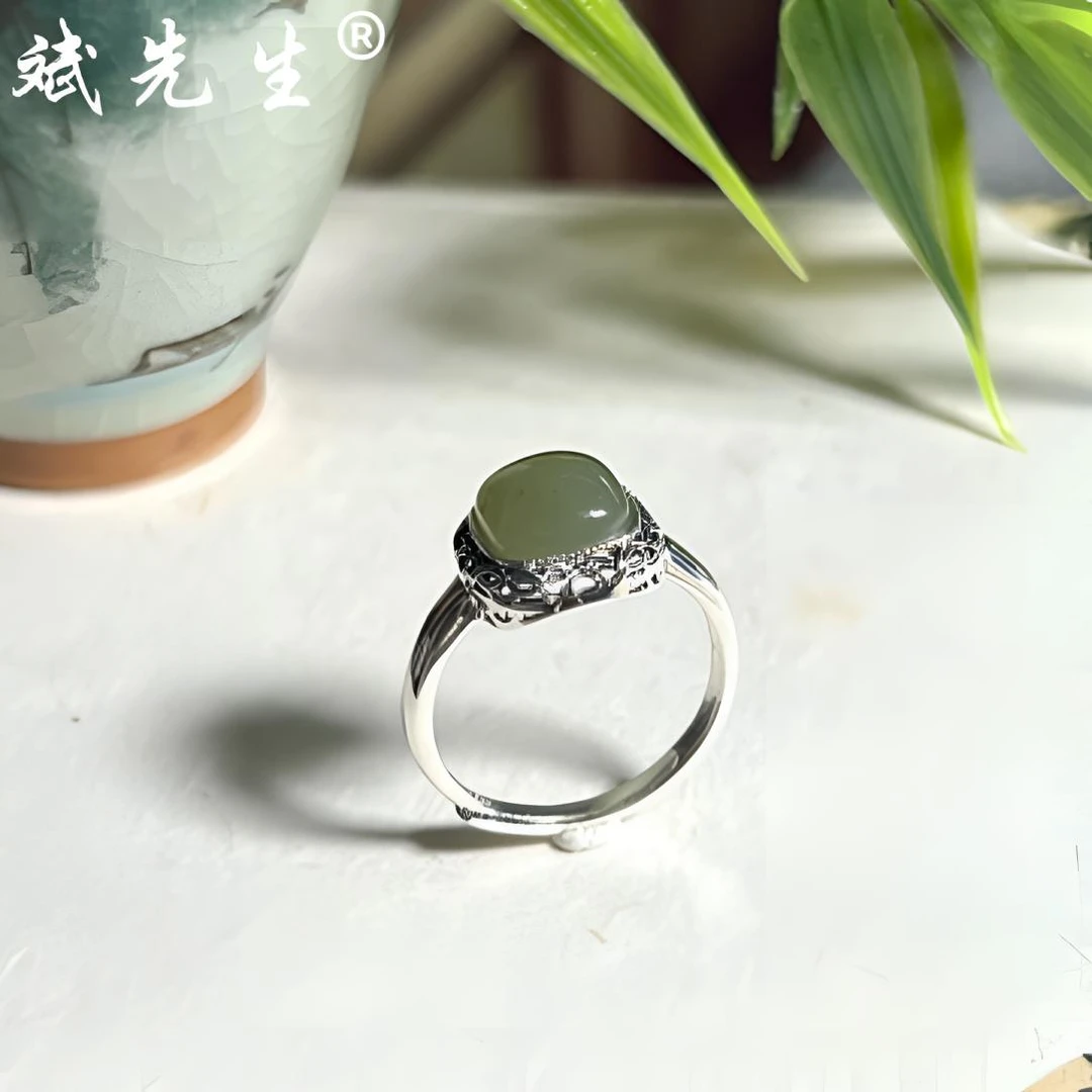 【斌先生】天然和田玉青玉 925银唐草纹方糖戒指 开口可调节