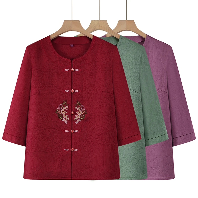 中老年人妈妈奶奶夏装新款七分上衣衬衣国风老人太太中式衬衫衣服