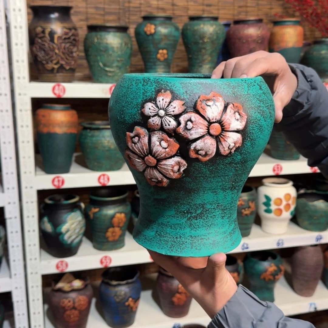 红陶红陶浮雕花盆炸炸炸