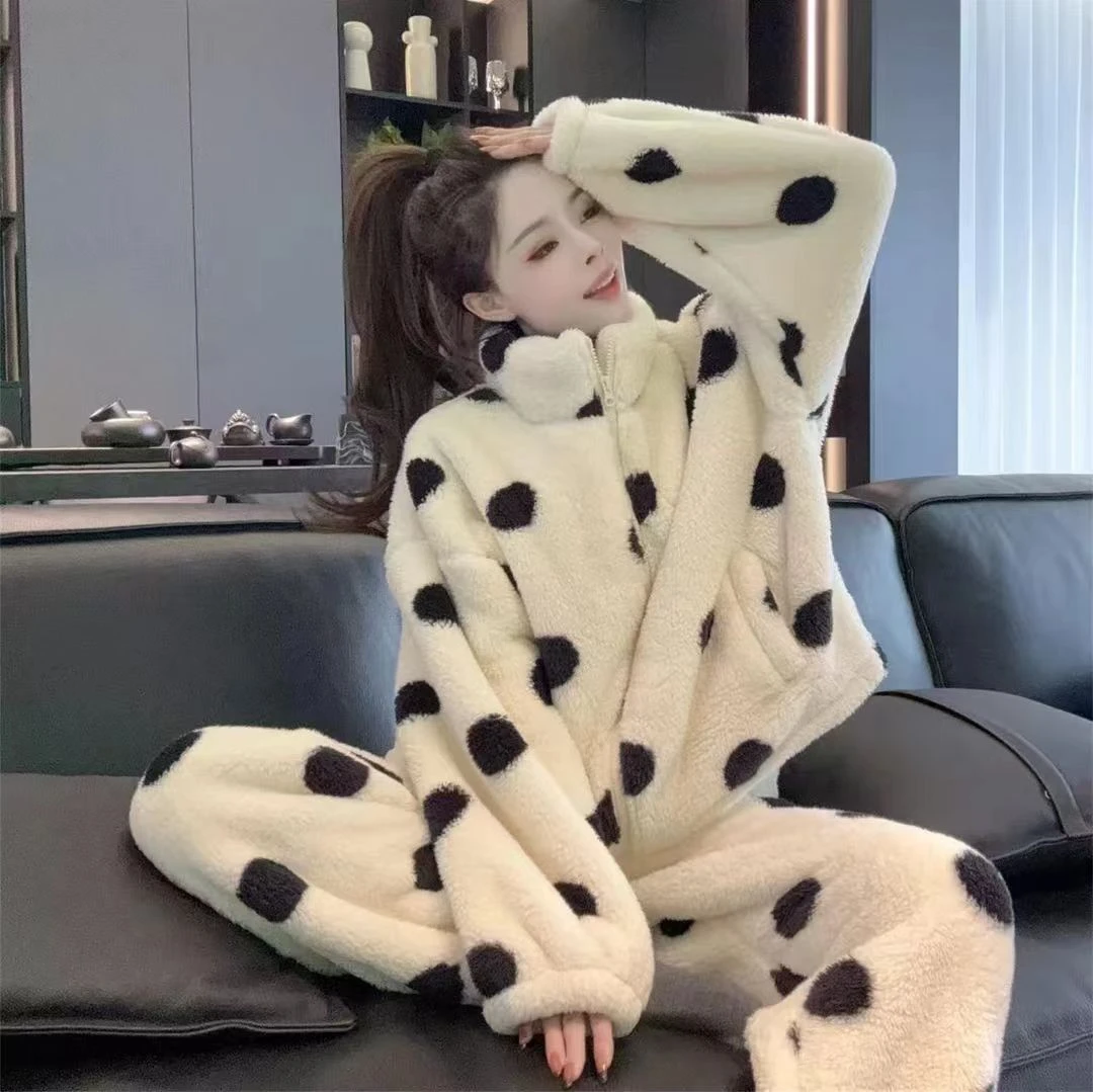 2025新款女士可爱波点甜美加绒保暖家居服睡衣套装