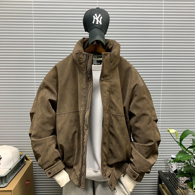 美式潮牌复古立领皮面羽绒服外套男冬季新款休闲加厚保暖羽绒夹克