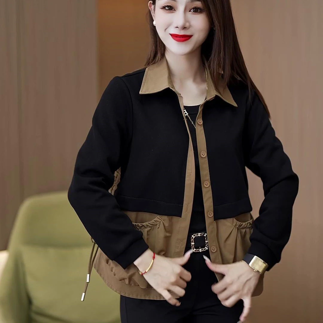 翻领春秋季宽松型短外套气质休闲女士显瘦短款开衫宽松女装上衣