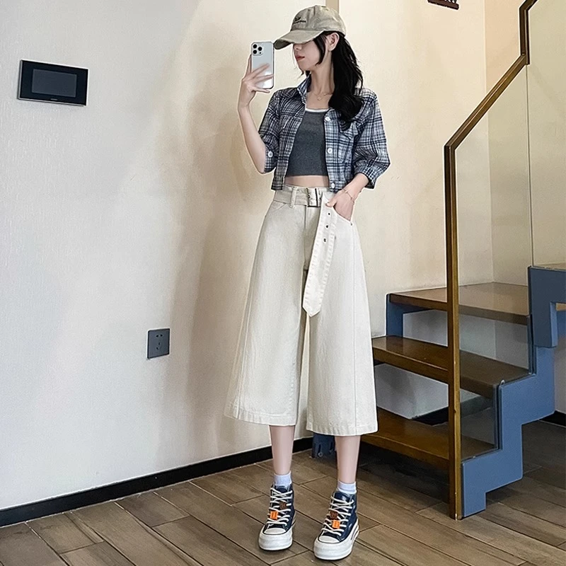 米白色高腰牛仔裤女夏季薄款宽边腰带设计宽松七分裤过膝奶奶裤子
