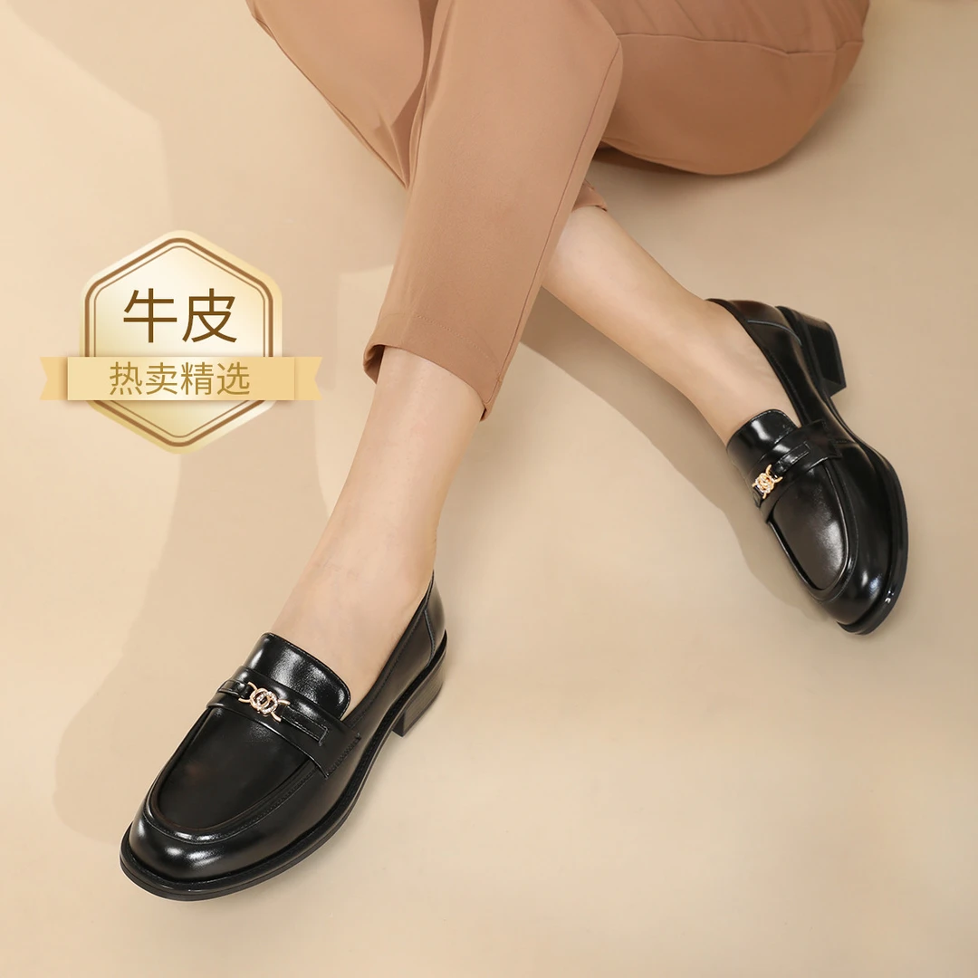 沙驰【牛皮】光面乐福鞋软底舒适一脚蹬通勤百搭小皮鞋女鞋