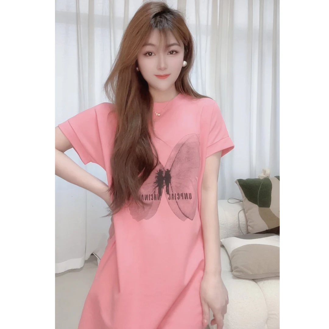 8125百搭宽松遮肚子显瘦休闲简约印花短袖连衣裙女2025夏装新款