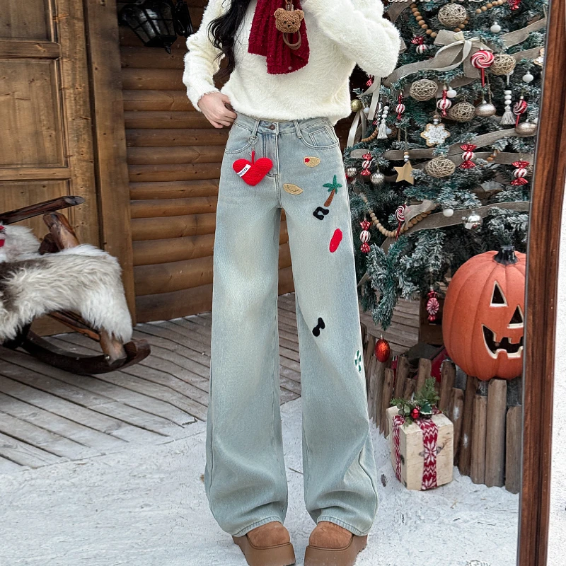 重工刺绣浅色高腰直筒阔腿牛仔裤女2025年夏季薄款显瘦小个子百搭