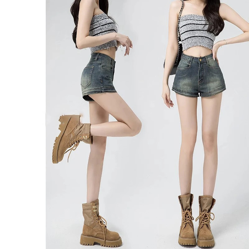 美式复古高街牛仔短裤女修身显瘦夏季薄款做旧a字热裤子辣妹高腰L