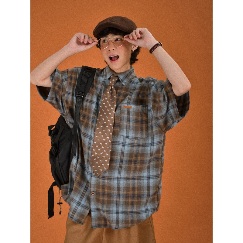 C2自制/日系复古宽松格子短袖衬衫夏季上衣百搭休闲磨毛半袖衬衣