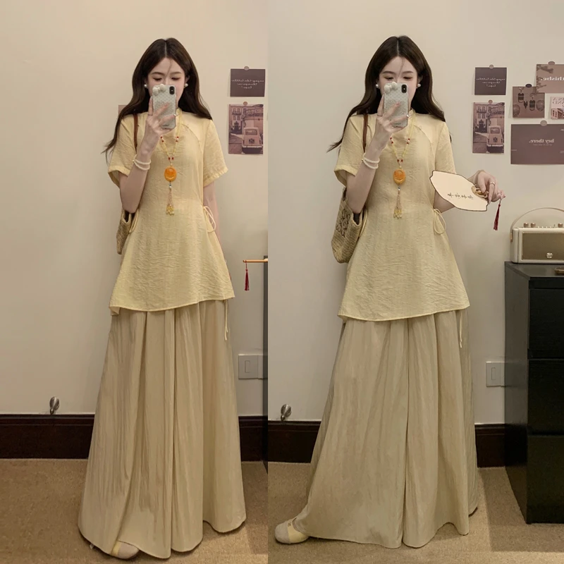 大码夏季禅意风新中式显瘦短袖上衣宽松阔腿裤洋气显瘦高级感穿搭