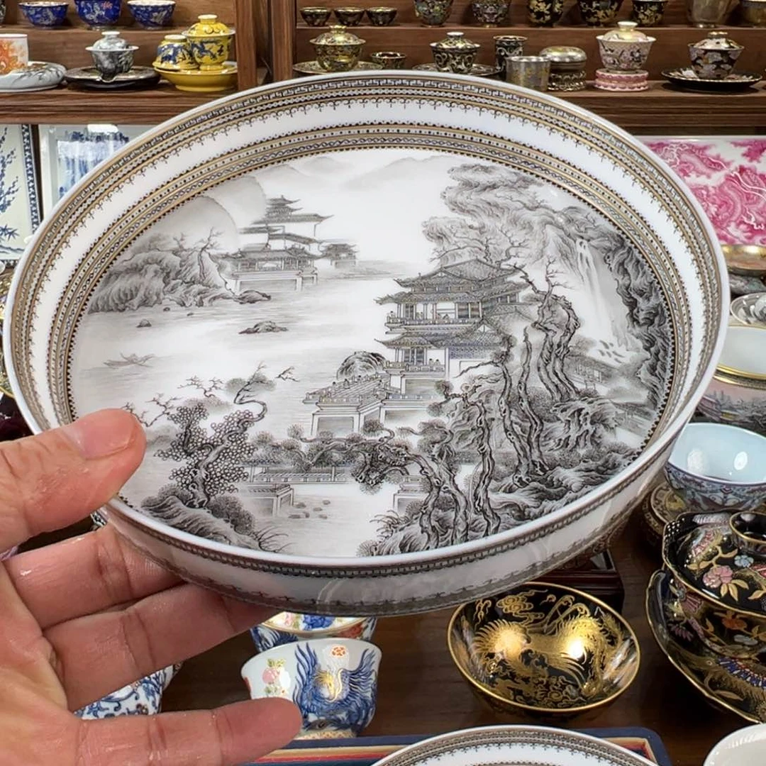 墨彩楼阁山水描金边壶承