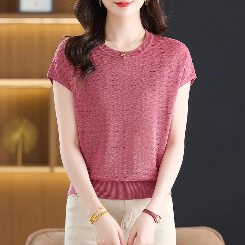 2025夏季薄款短袖蝙蝠衫女士圆领配裙子天丝T恤针织宽松百搭上衣B