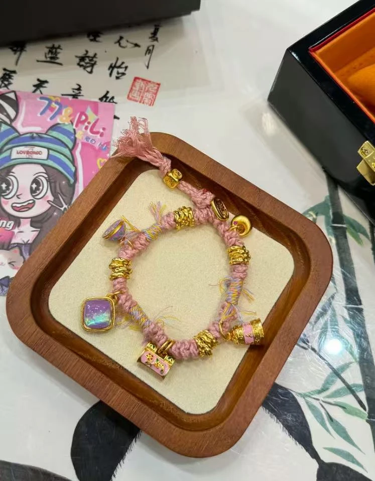 铜合金珐琅手链 古法烧蓝粉色锤纹盘缠平安锁手链饰品手绳