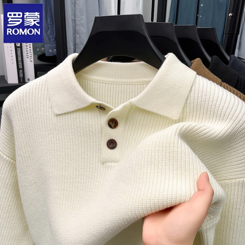 罗蒙纯色翻领男装毛衣针织衫休闲男士长袖百搭时尚加厚保暖打底衫