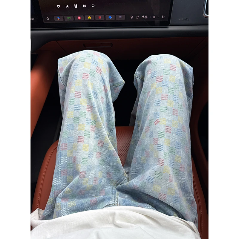 美式复古彩色格子牛仔裤男秋季新款设计感小众潮牌裤子宽松直筒裤