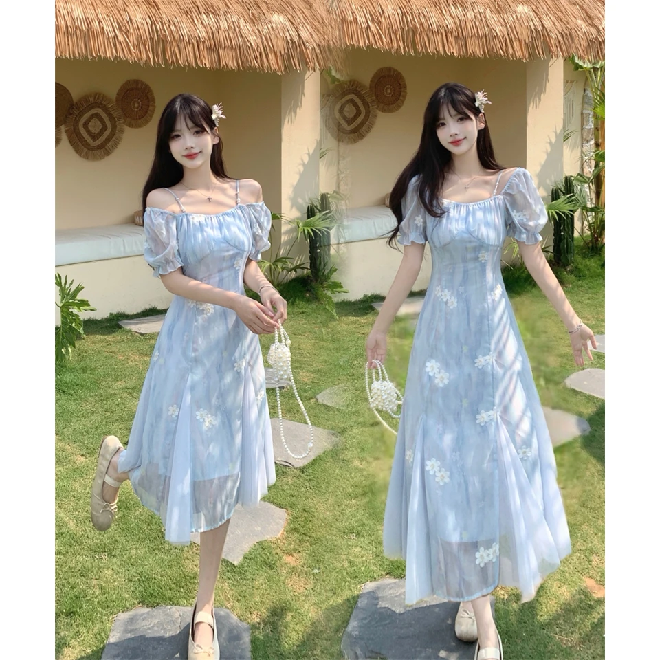 大码夏季新款胖MM法式设计感蓝色高级感收腰显瘦洋气温柔风连衣裙