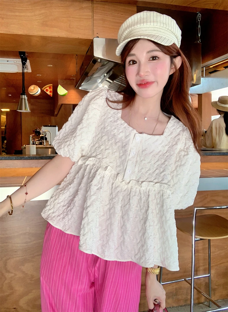 JENNIFER JXLIU韩版夏~ 甜美白色泡泡袖褶皱纹理短款宽松衬衫上衣