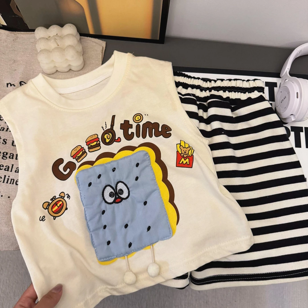 男童纯棉无袖背心套装夏季新款卡通立体T恤宝宝条纹五分裤两件套