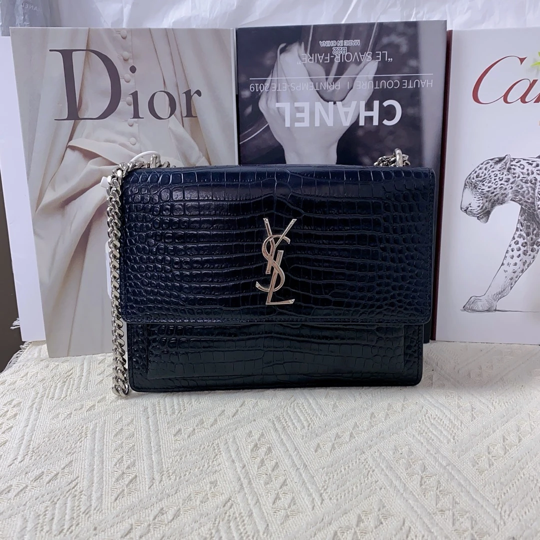 95新 YSL/圣罗兰 圣罗兰黑色压纹日落中号单肩包 12458332女包