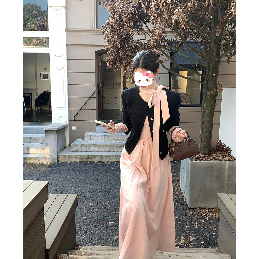 韩版气质百搭法式小香风外套大圆领温柔粉色长袖系带连衣裙两件套