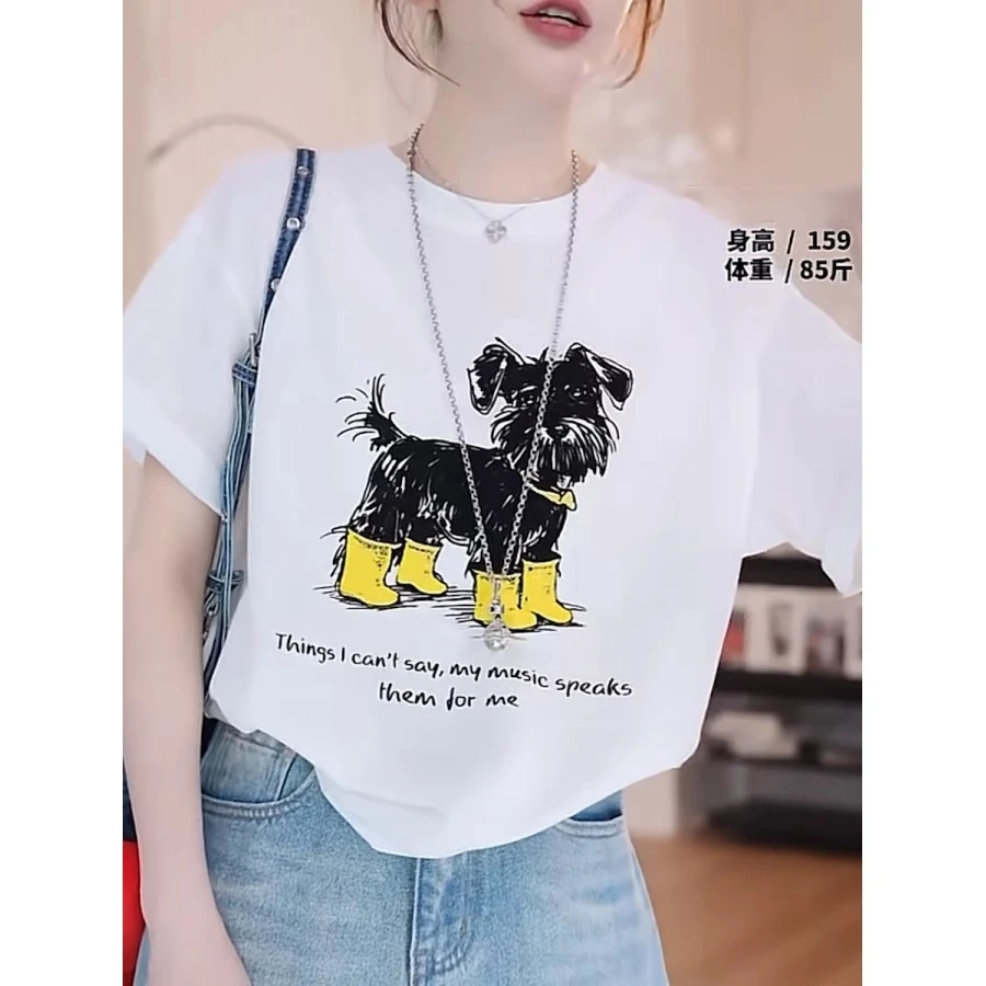 卡通印花短袖t恤女2025夏季新款韩版圆领套头白色休闲上衣体恤潮