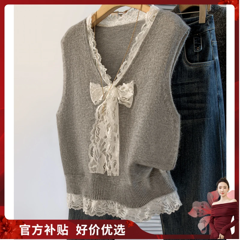 丝柏舍2025秋装新款女装蕾丝系带拼接马甲宽松V领马夹S53X6214J