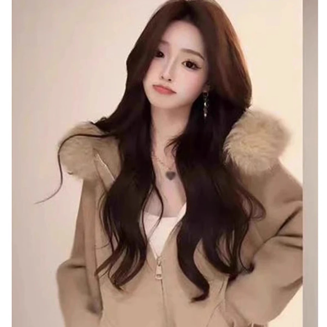 毛领连帽外套新款短款美拉德秋冬针织开衫小个子气质毛衣外套