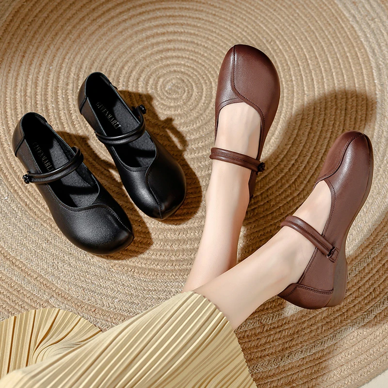 真皮软底妈妈鞋2025春秋新款玛丽珍单鞋舒适圆头复古中年皮鞋女
