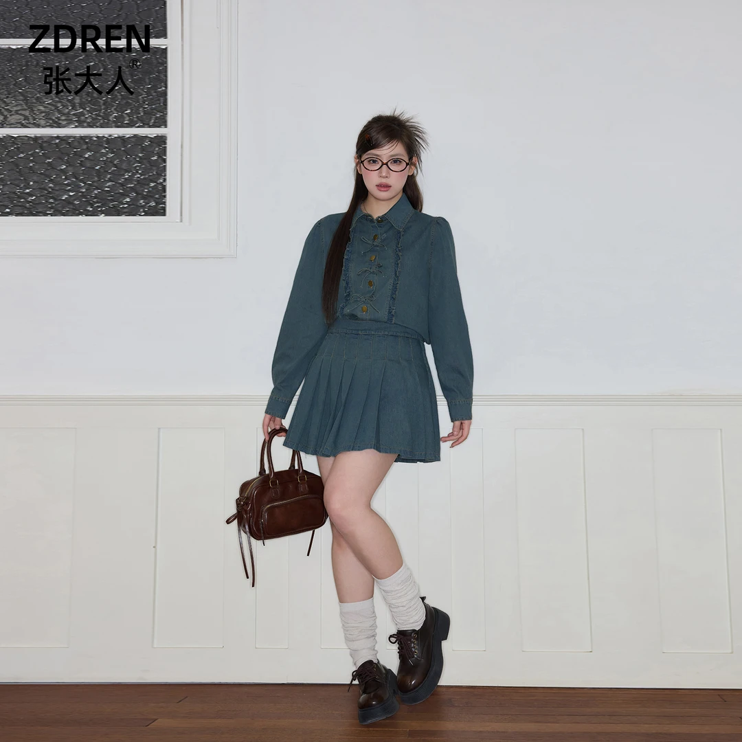 张大人【五折清仓现货秒发】大码女装微胖妹妹水洗牛仔百褶裙