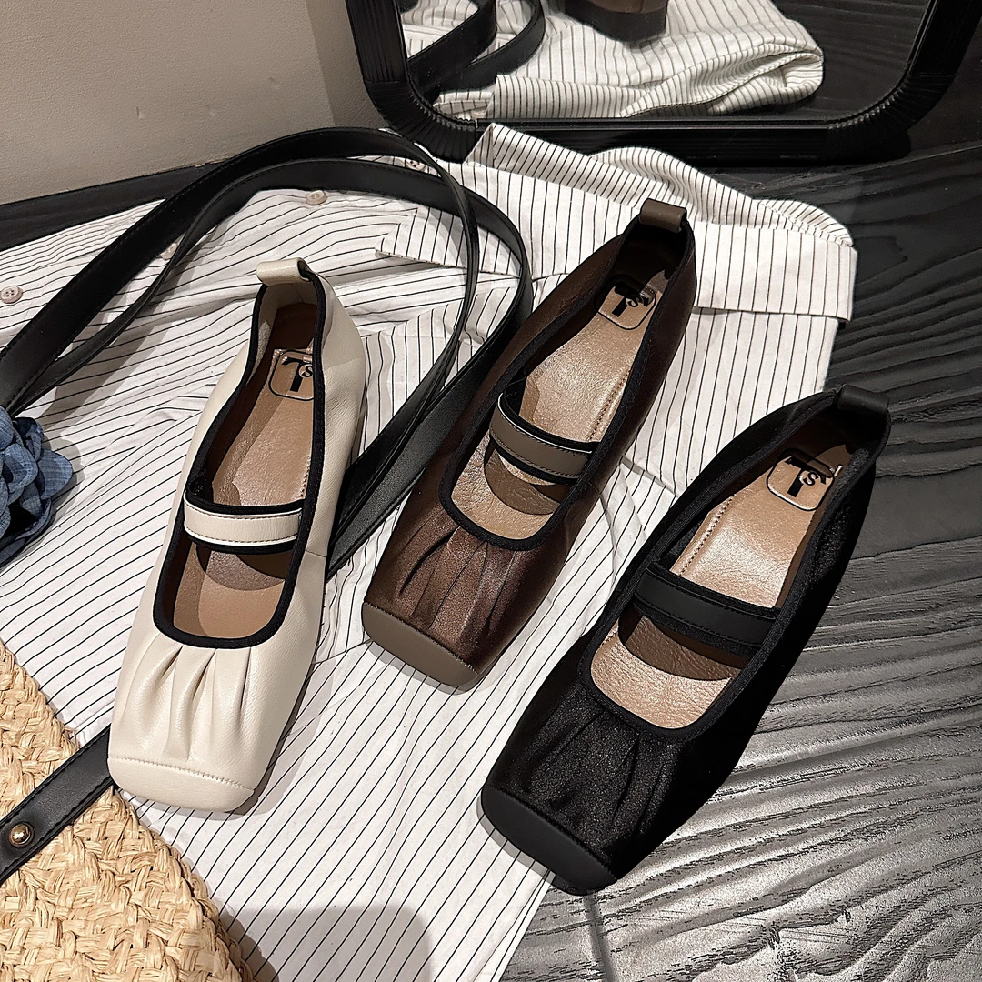 TS单鞋2025春季新款气质百搭方头褶皱浅口带单鞋MTB47335