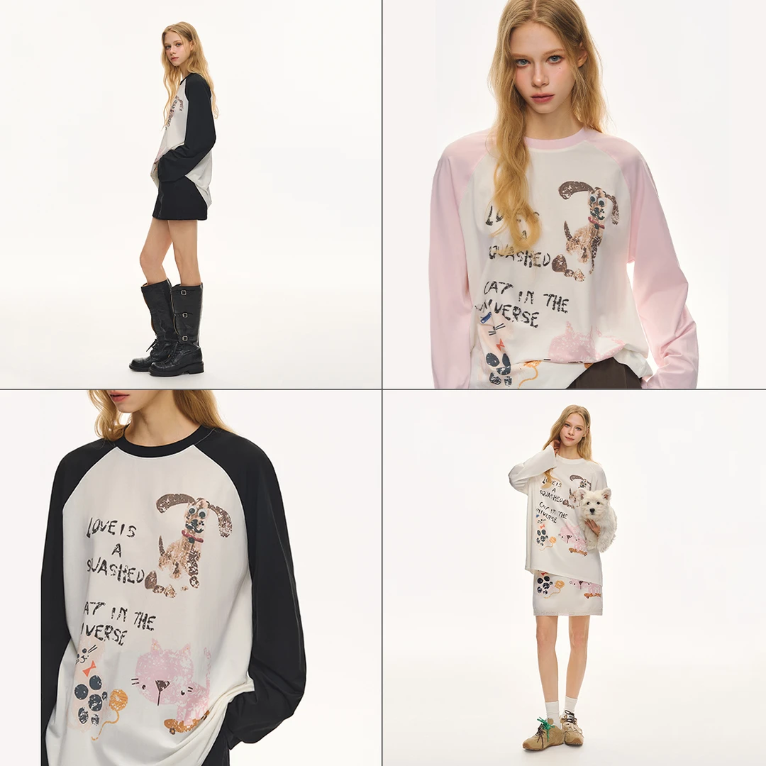 CLIMAX VISION轻薄凉感手绘涂鸦印花撞色插肩长袖T恤