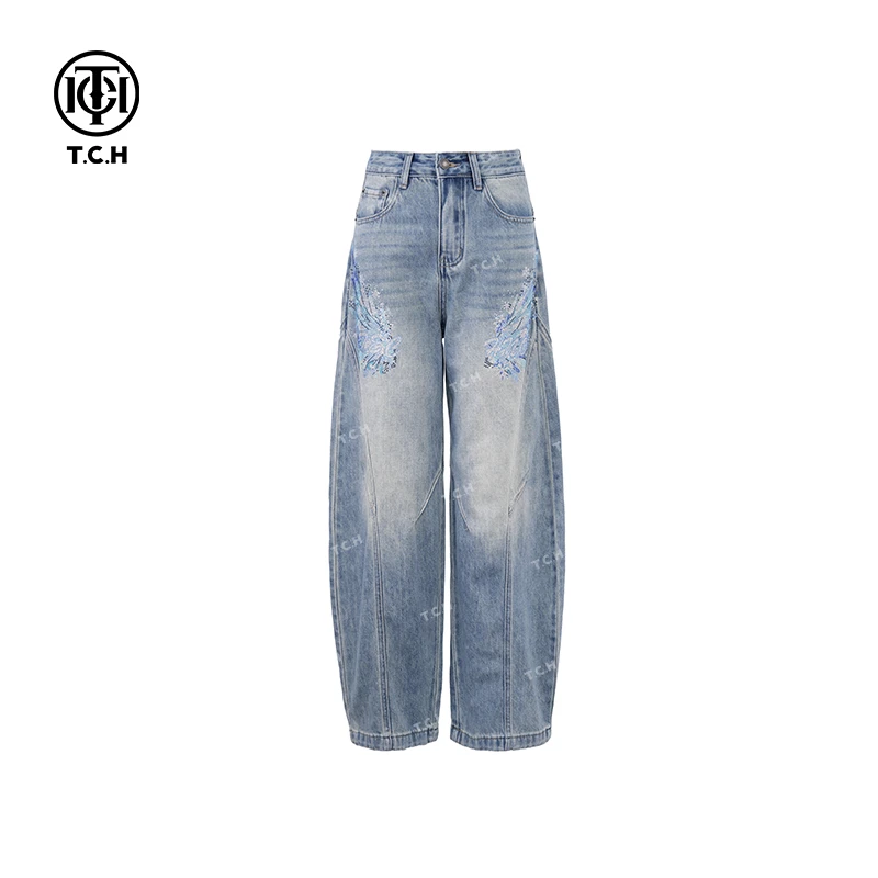 私服-TCH25年春夏款翅膀烫腿弯刀牛仔裤T75A20E5002轻奢