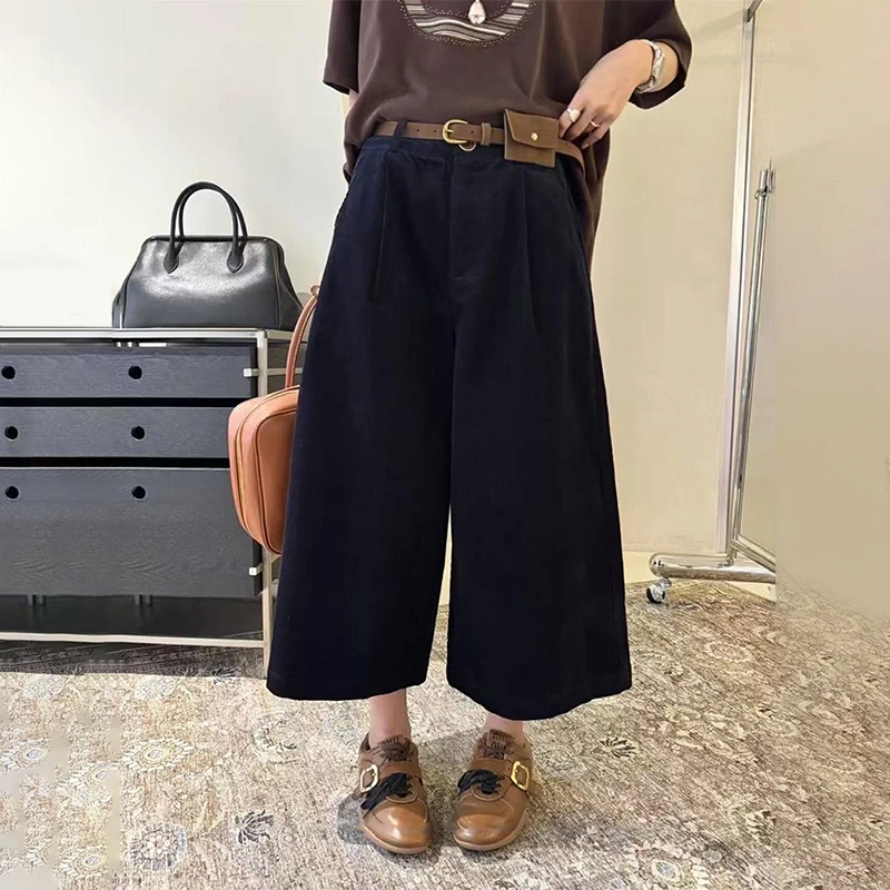 2025秋季新款高腰百搭灯芯绒小个子八分裤阔腿裤七分直筒休闲裤子