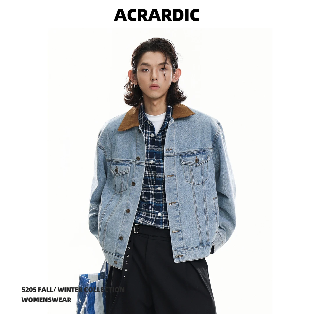 ACRARDIC秋季潮牌美式重工蓝色短款牛仔夹克男街头痞帅水洗外套潮