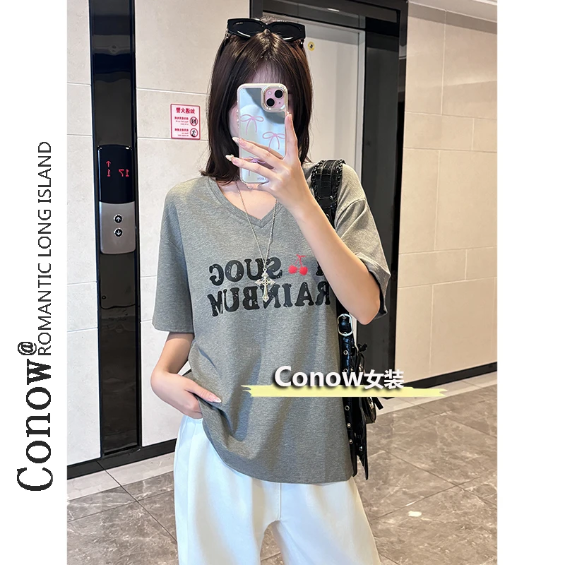 大版T恤女夏季新款深V领宽松慵懒男友风半袖时尚字母印花上衣