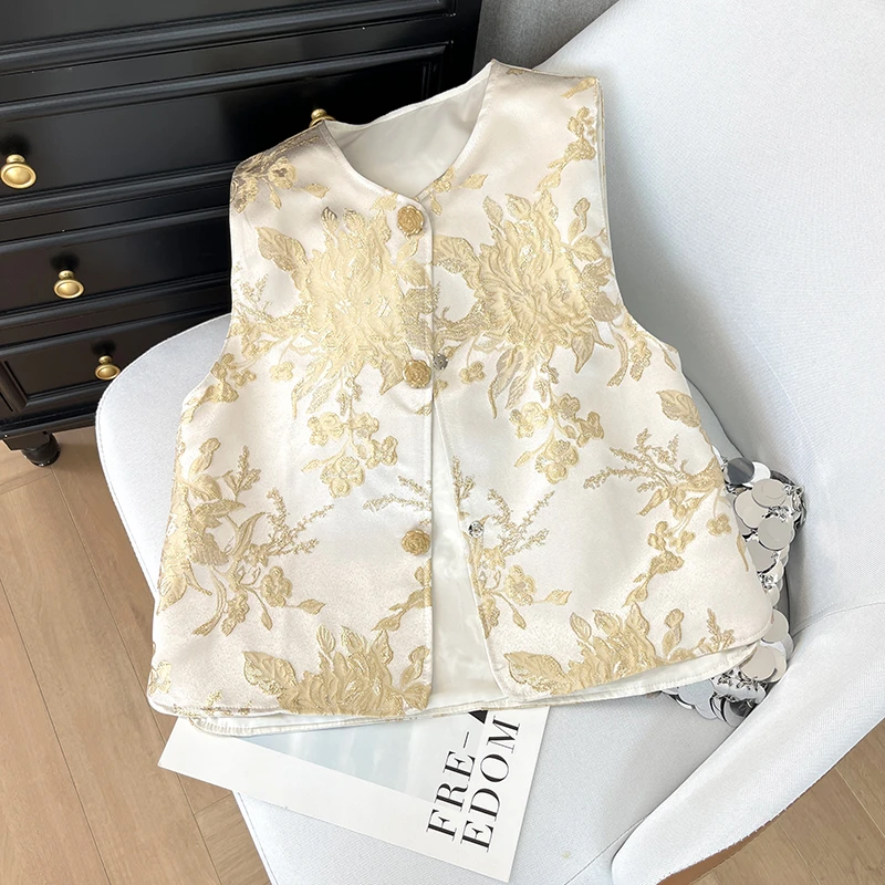 2025新中式国风复古民族风马甲秋季织锦缎面女士外穿改良唐装背心