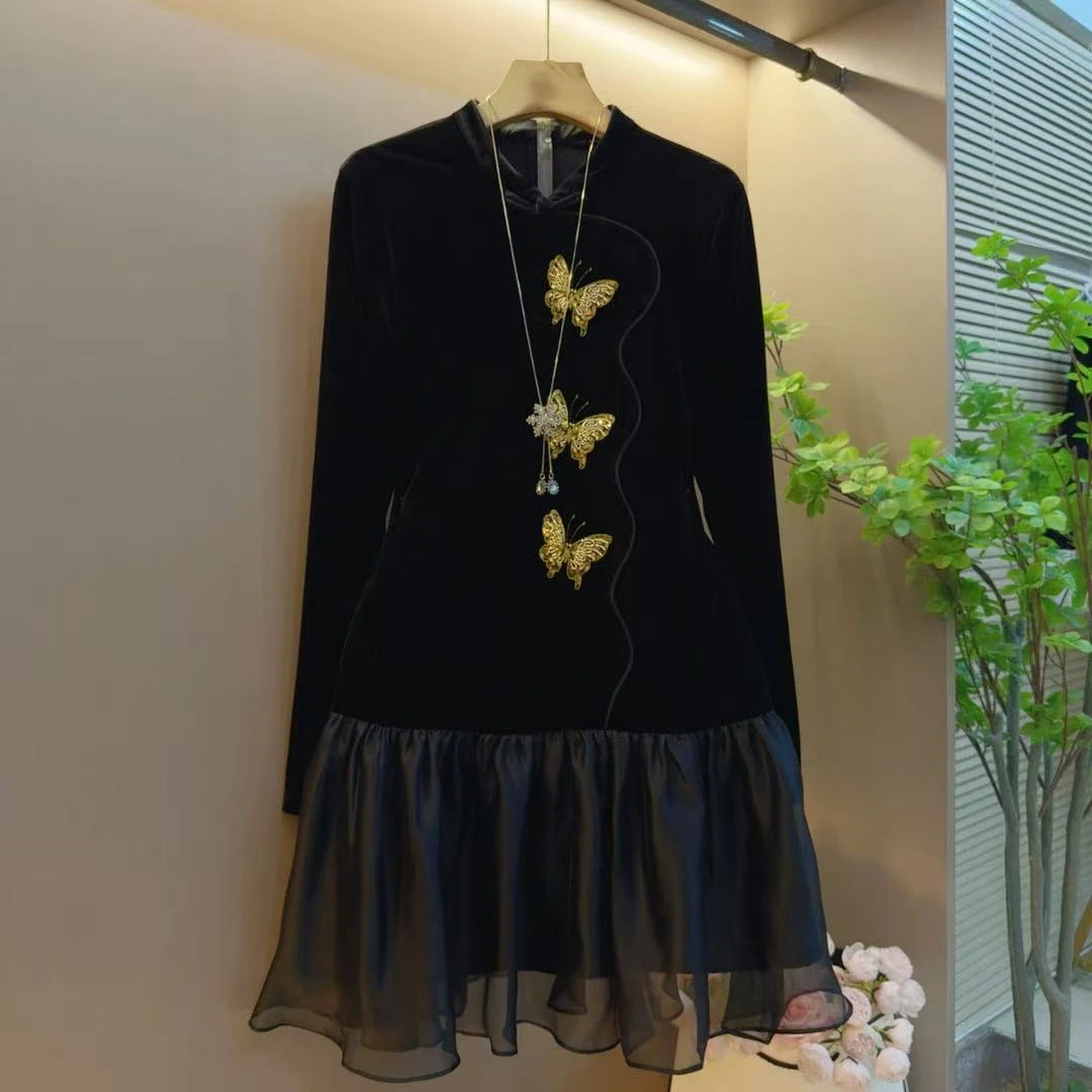 新中式立领复古盘扣金蝴蝶拼接欧根纱中长款连衣裙（长88左右）