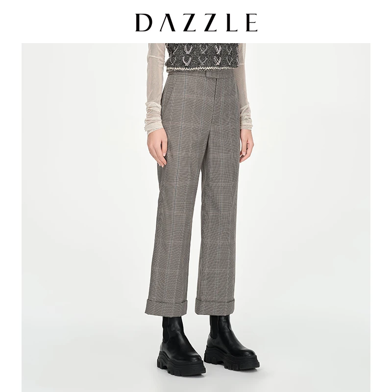 【MD】DAZZLE地素 春装千鸟格纹卷边休闲裤女2D1Q4323F