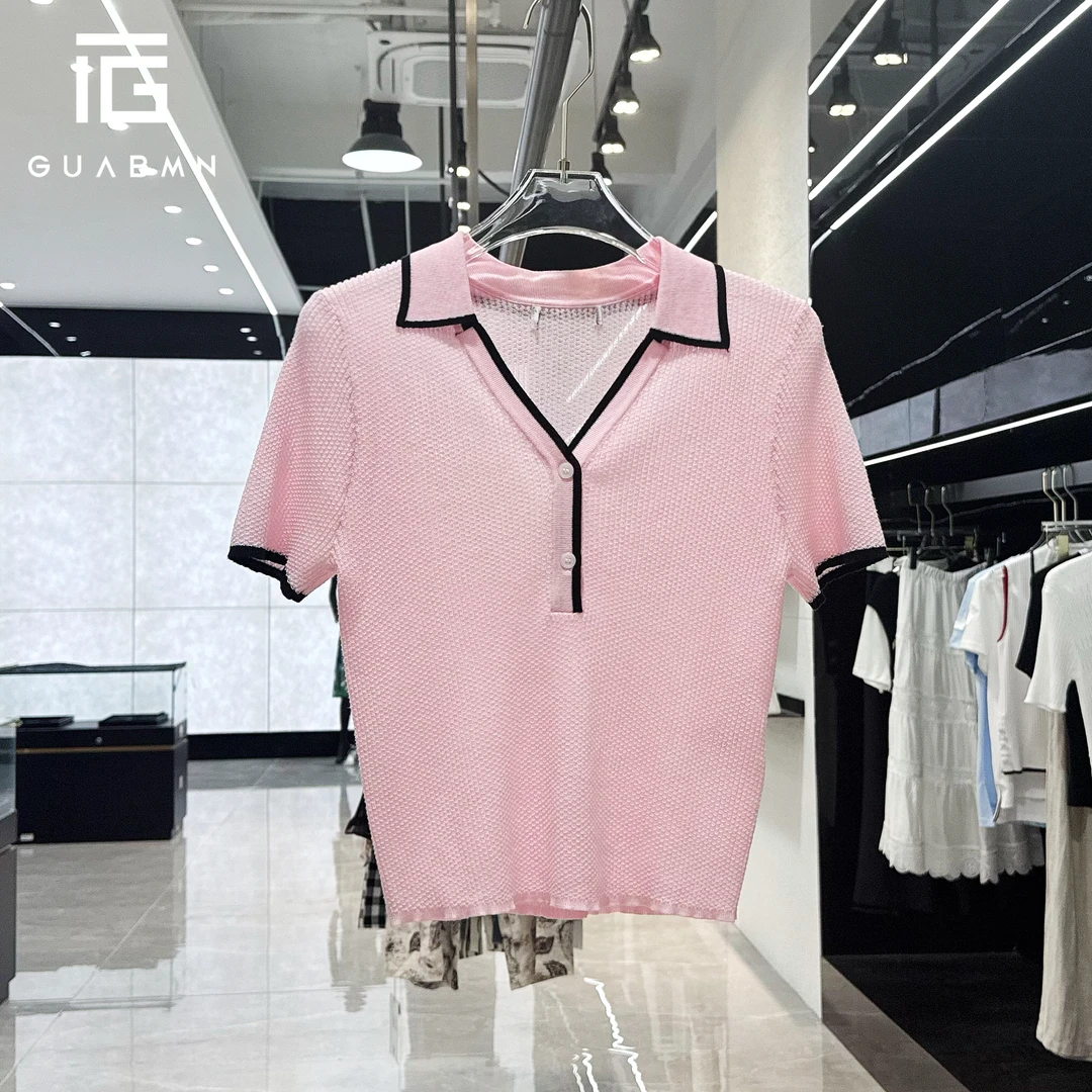 GUABMN2025夏季新款修身撞色边v领短袖上衣针织衫T恤夏日穿搭5123
