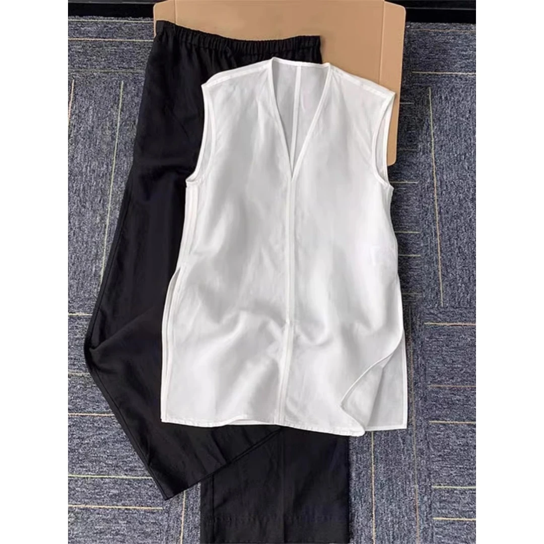 墙裂推荐！高端别致白色v领无袖衬衫女背心新款夏季慵懒风百搭上衣