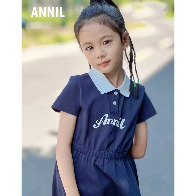 安奈儿女童装短袖连衣裙夏季款polo翻领A字裙抗菌学院风