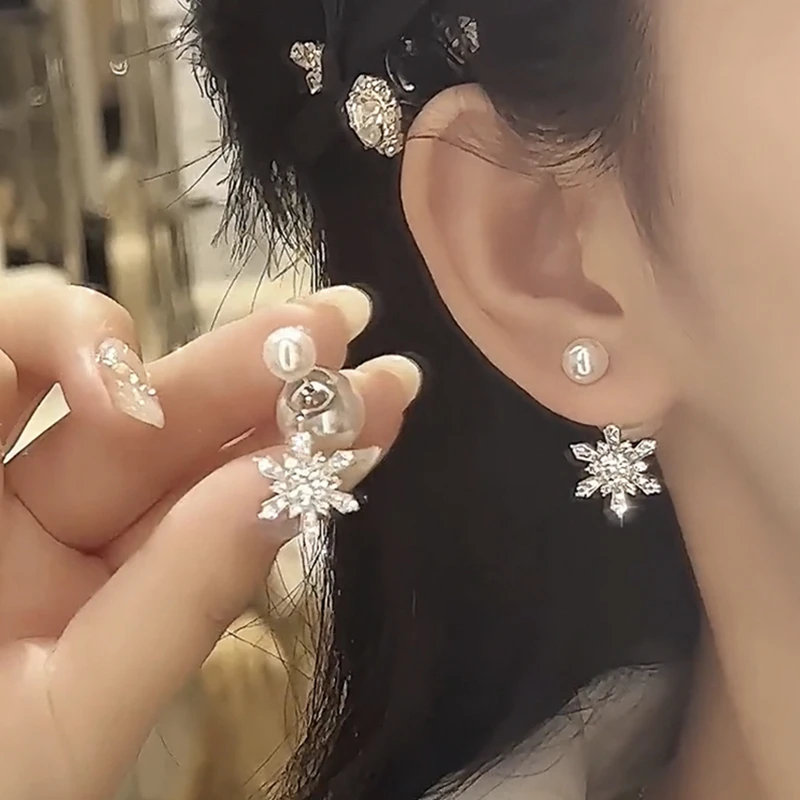 铜合金仿珍珠耳饰 闪钻雪花珍珠耳环小众独特绝美轻奢高级感耳钉