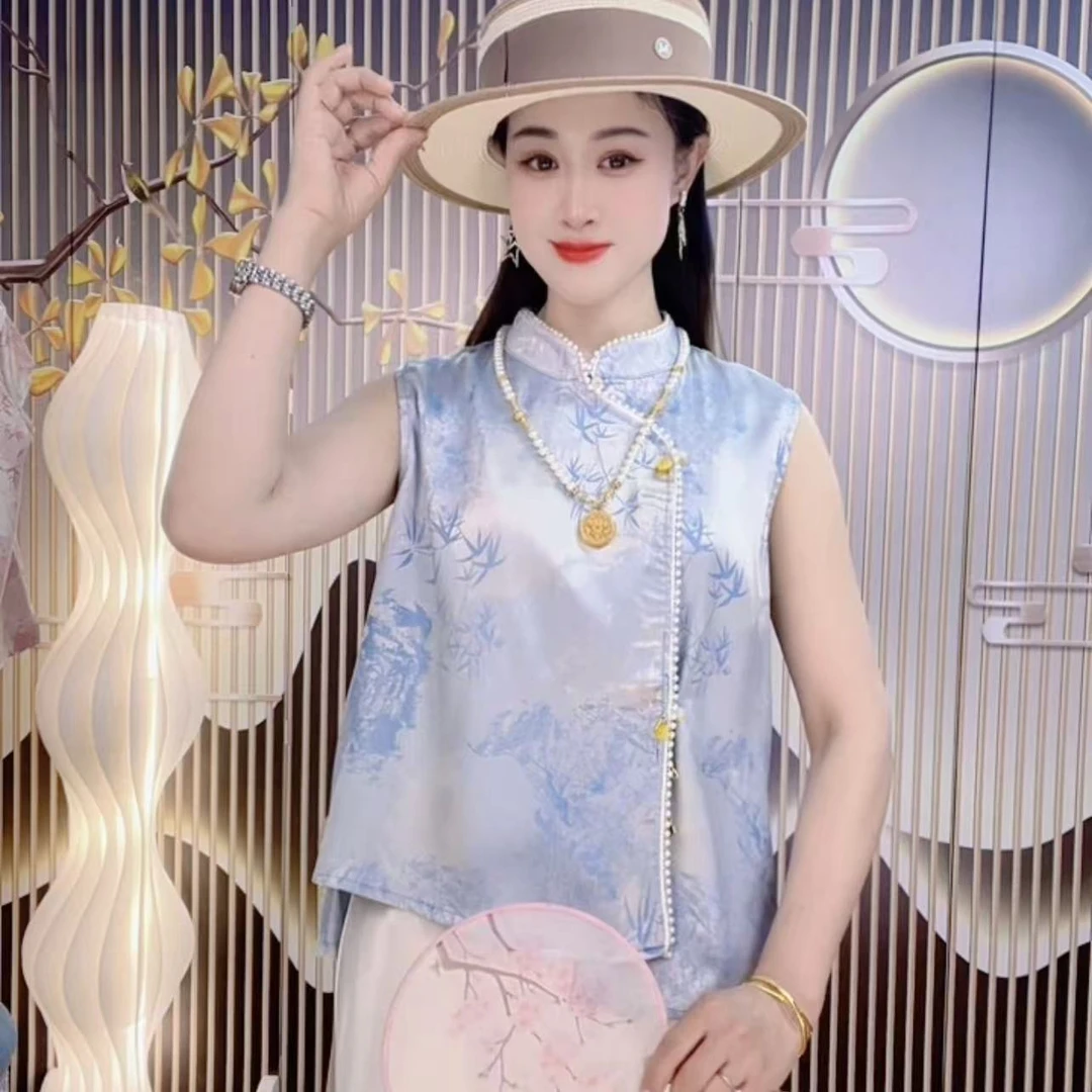 （夏竹）薄款百搭中国风女时尚气质暗扣马夹复古透气流苏夏季上衣