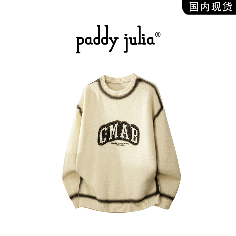 Paddy julia美式圆领毛衣男士春秋季潮牌字母印花针织衫高级感男