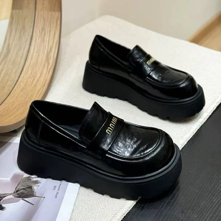 C5304 黑色  英伦风2025新款小个子增高厚底通勤乐福鞋