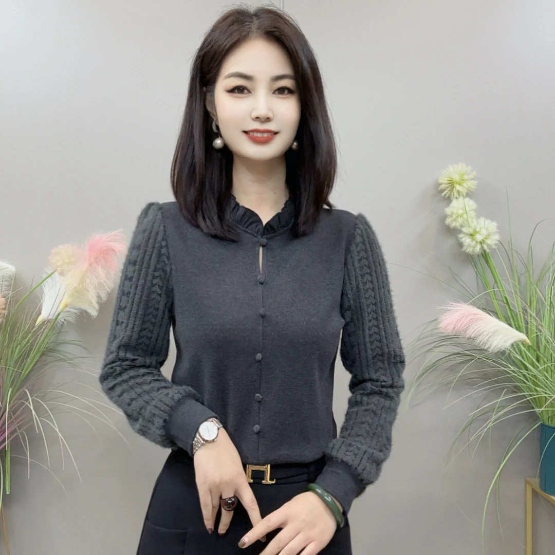 【KK】YLY89118秋冬上新纯色花边领款长袖气质显瘦百搭衬衫