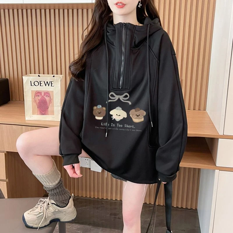 美式复古卡通减龄超火小个子连帽卫衣女秋冬季洋气时尚慵懒风上衣