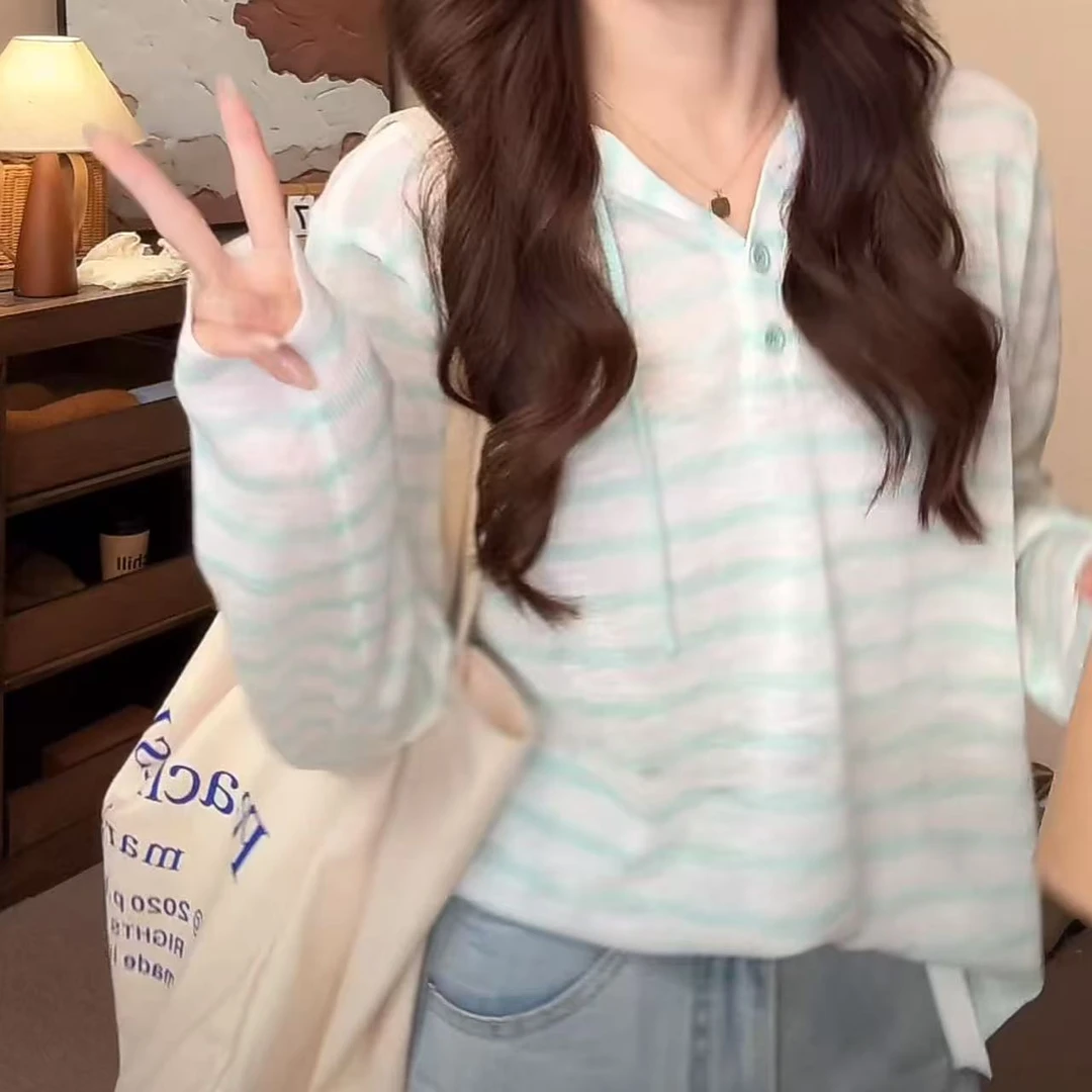 韩系慵懒风薄款连帽长袖T恤女2025夏季新款百搭时尚甜美减龄上衣