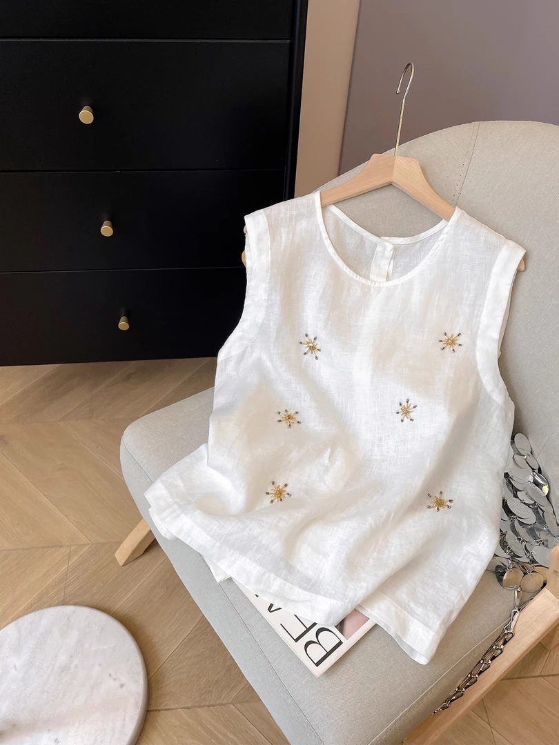 韩系花卉串珠轻薄透气无袖背心女2025年夏季新款气质百搭圆领小衫