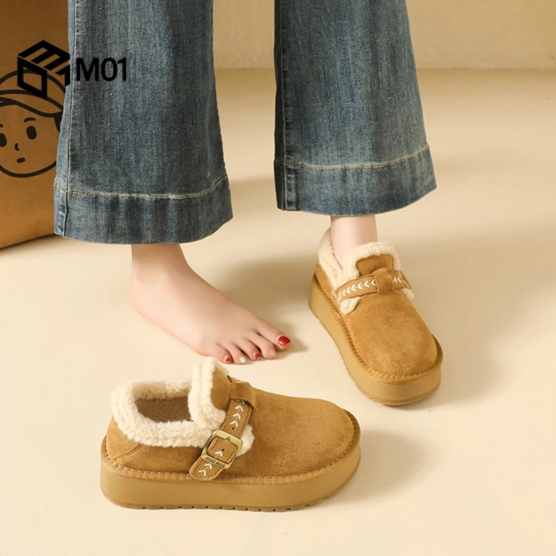 M01厚底舒适加绒勃肯鞋女2025新款冬季豆豆乐福鞋棉鞋复古雪地靴