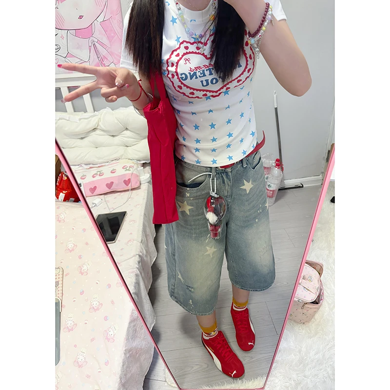 美式复古做旧星星印花牛仔七分裤女夏季新款宽松百搭直筒阔腿中裤